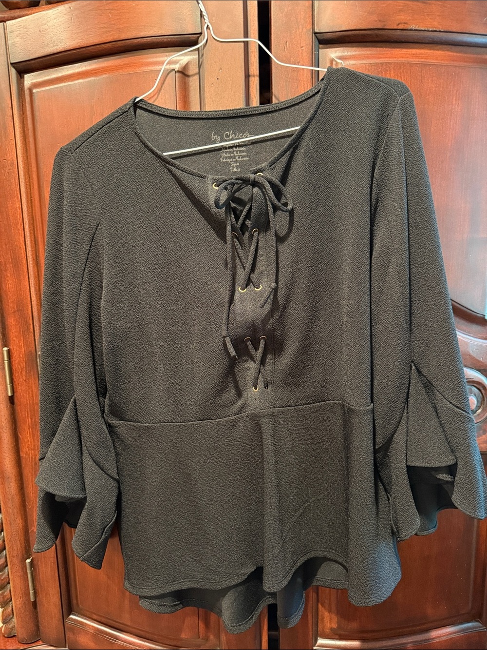 Chico's Black Lace-Up V-Neck Ruffle Sleeve Top